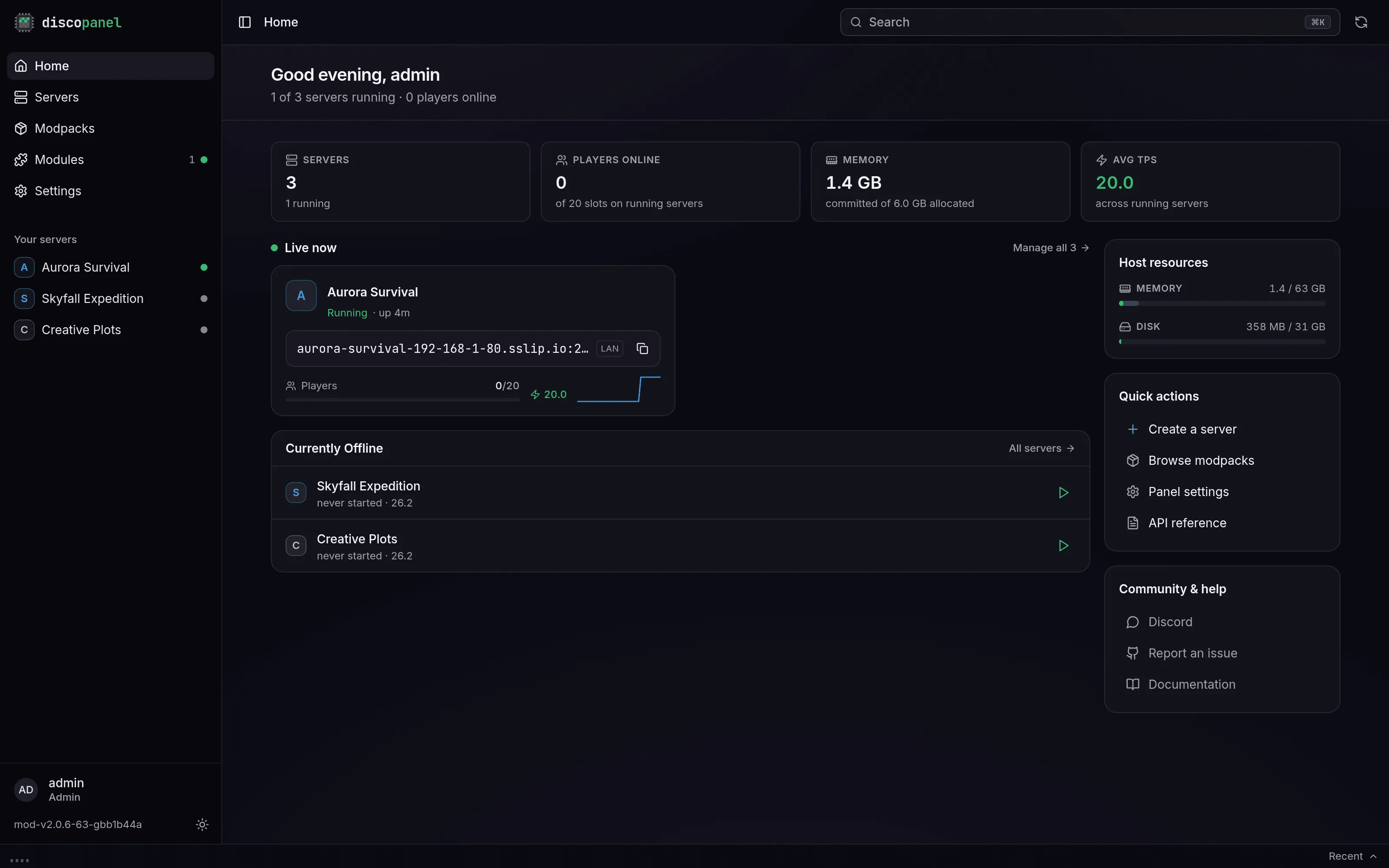 The DiscoPanel dashboard