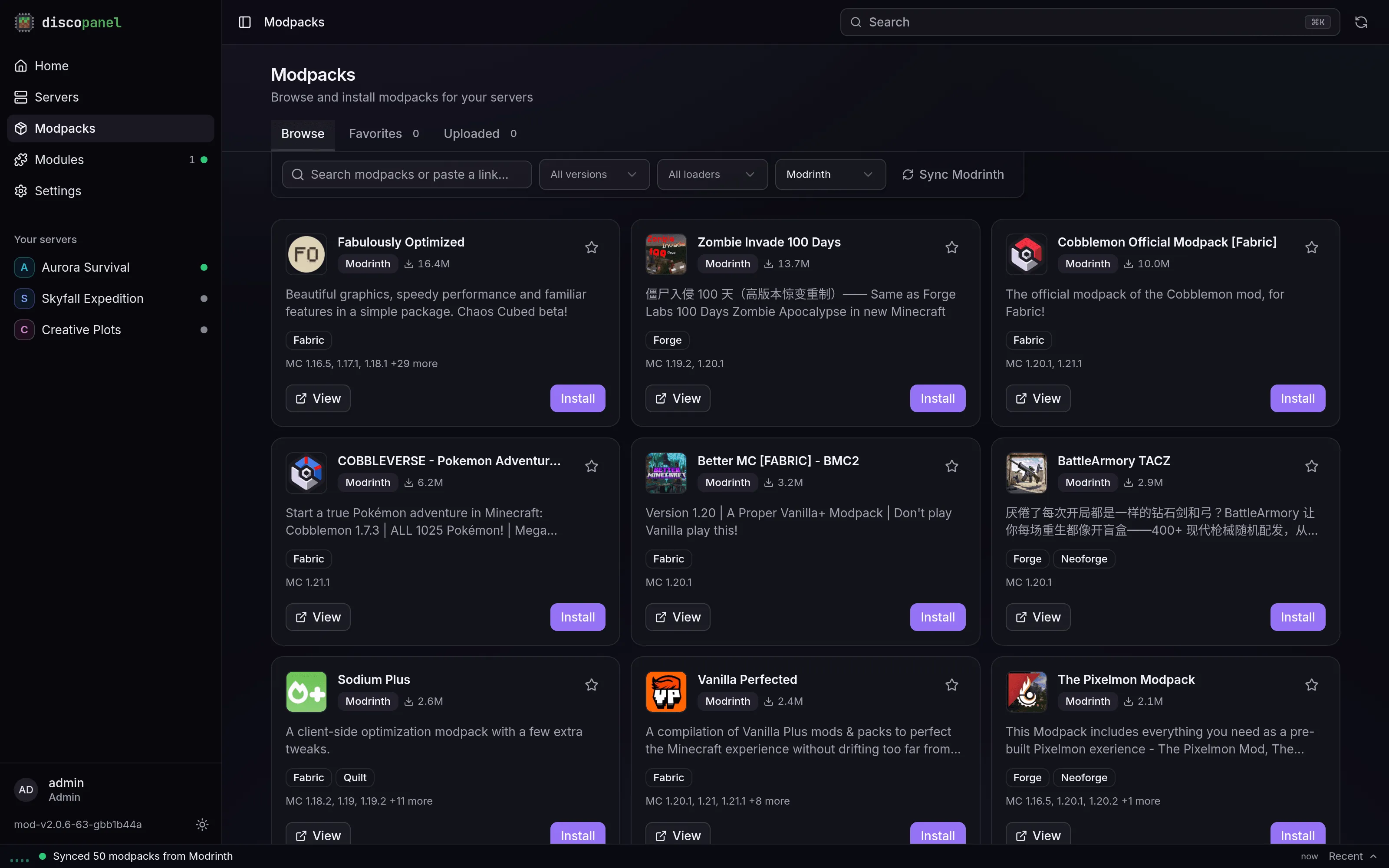 The Modpacks page