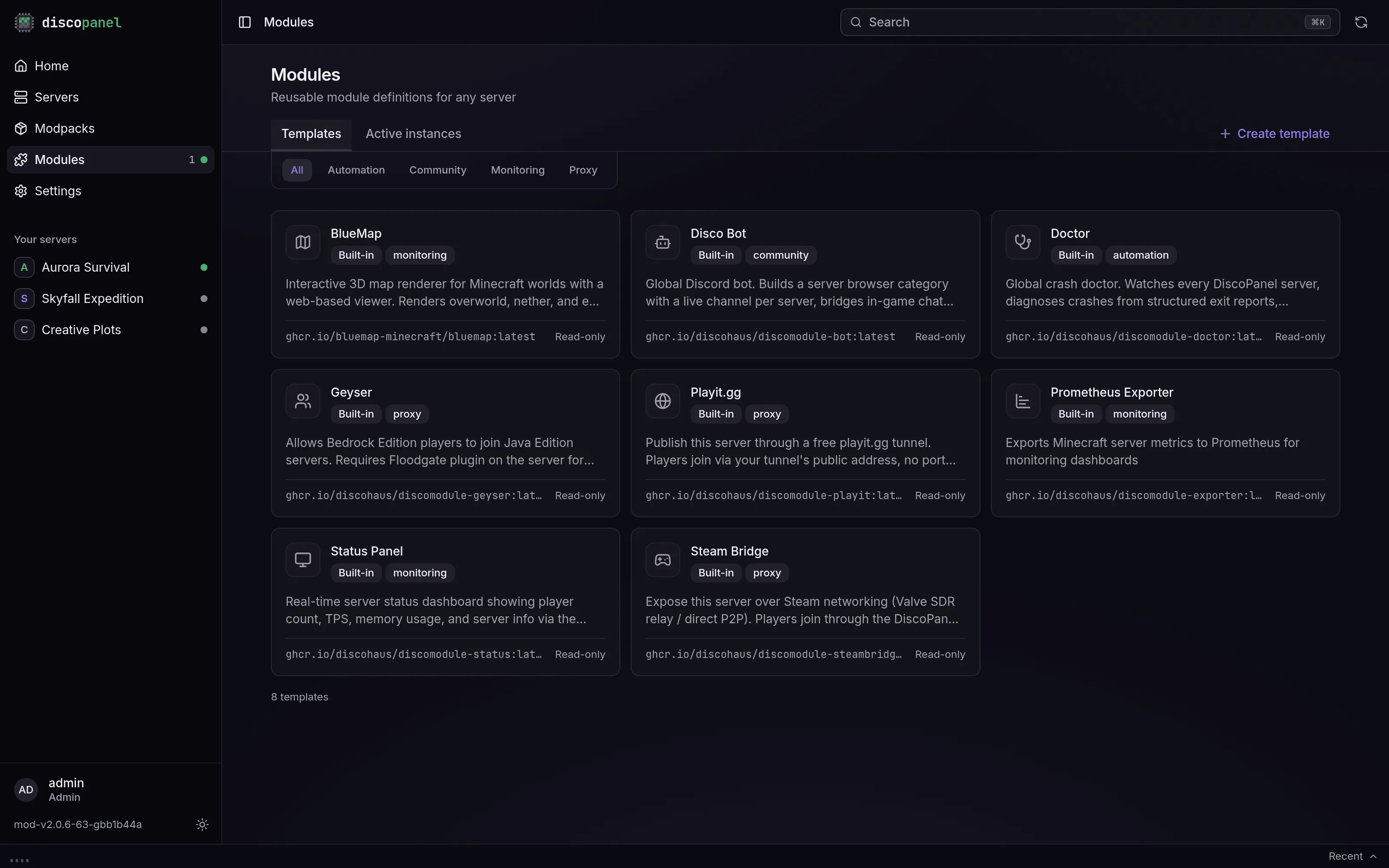 The Modules page