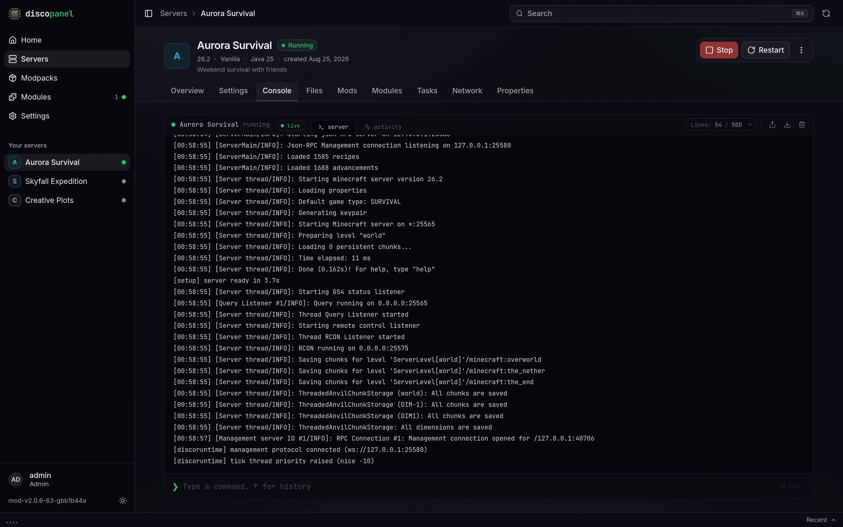 The Console tab