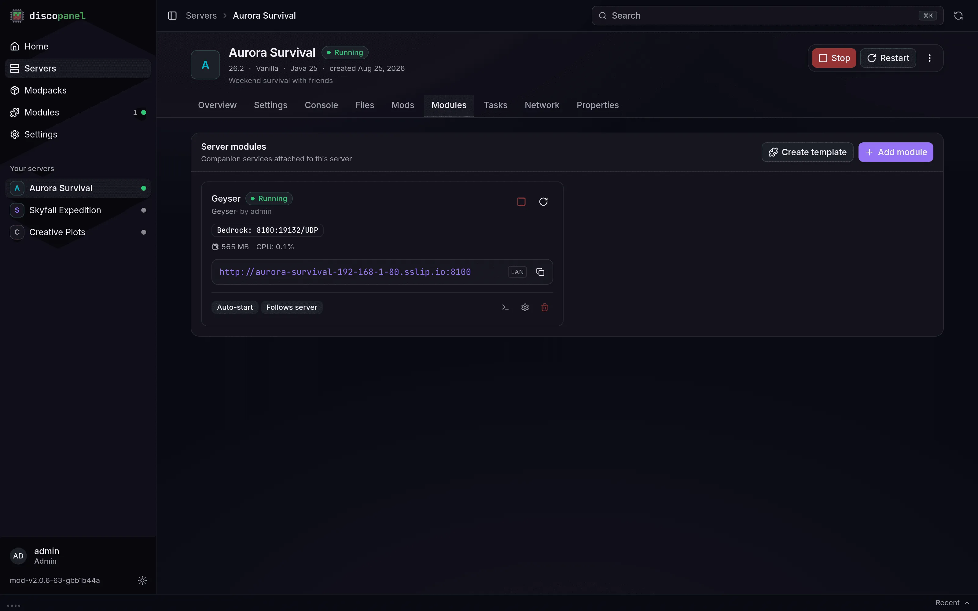 A server's Modules tab