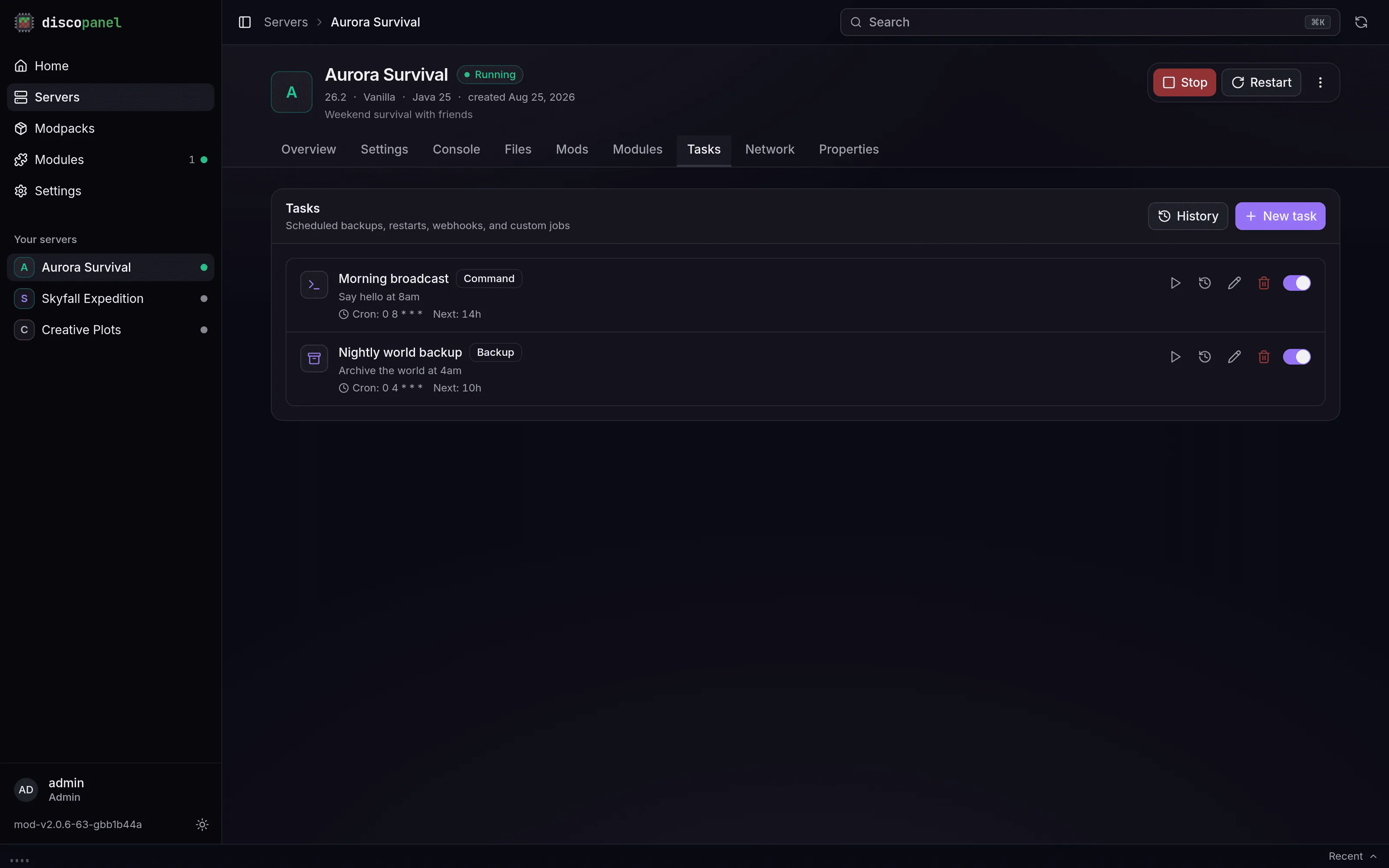 The Tasks tab