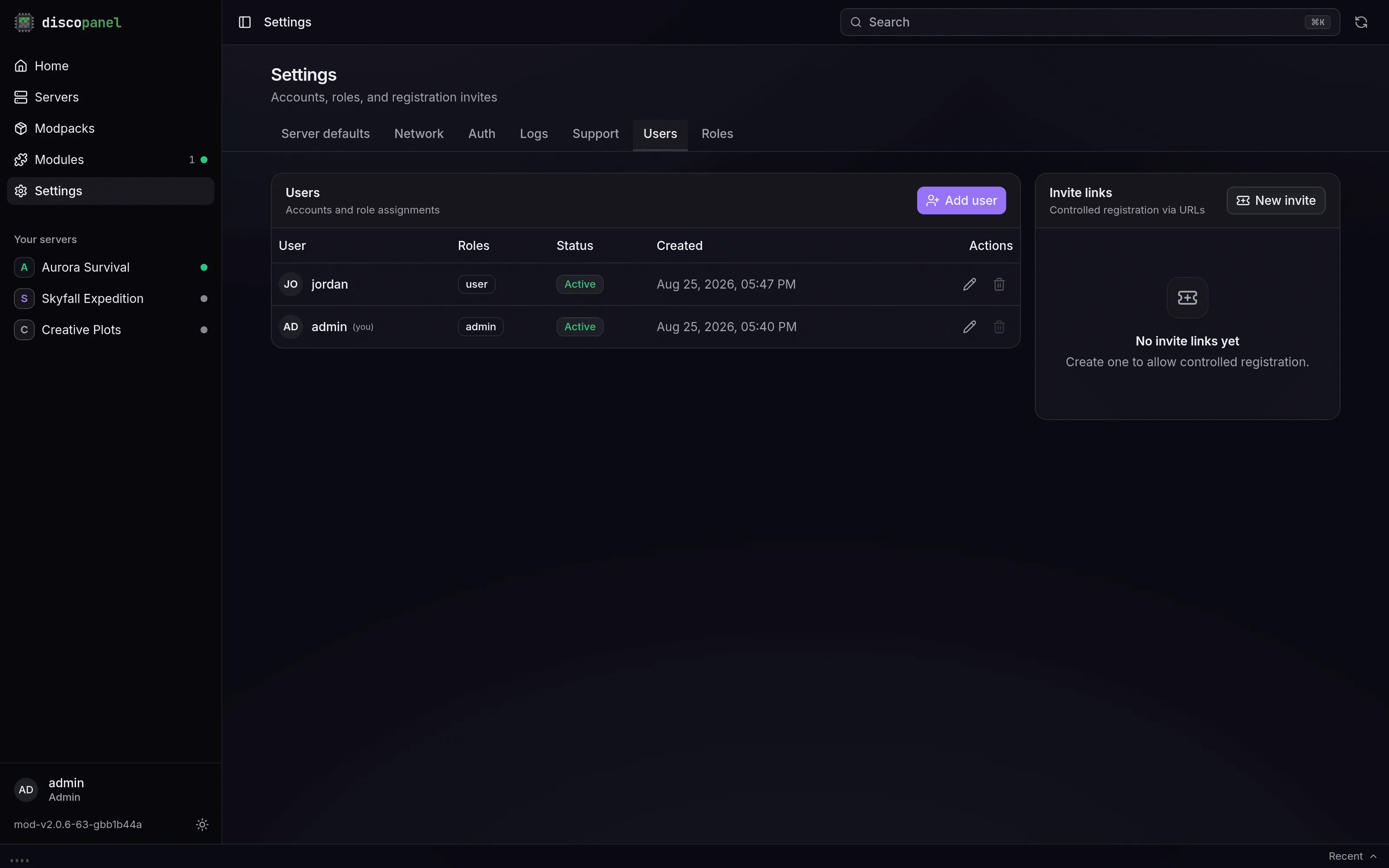 The Users tab
